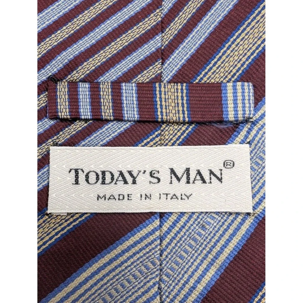 TODAY'S MAN Men's 100% Silk Tie Made in Italy Striped Burgundy Blue Gold Career